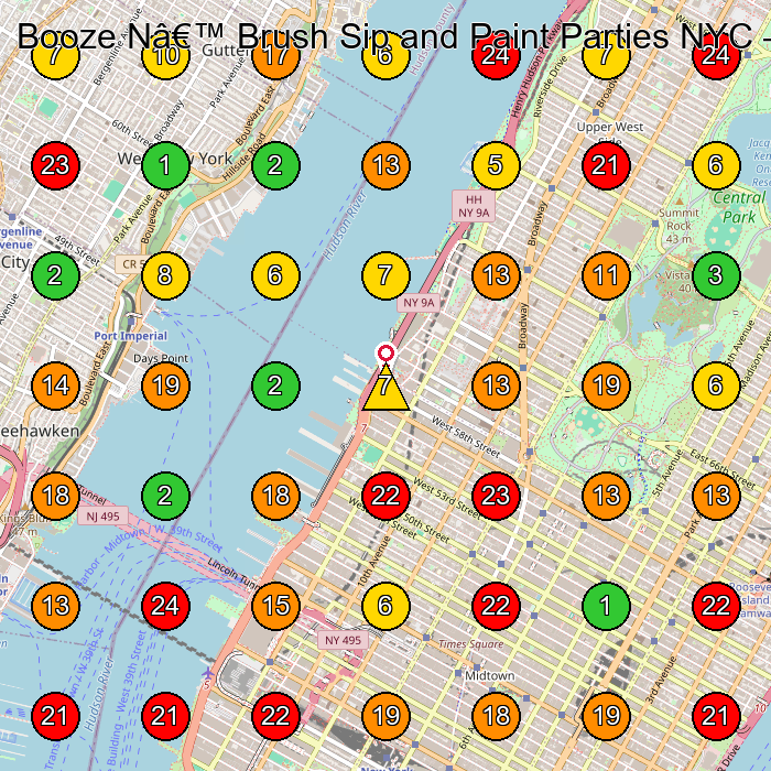 Booze N' Brush Sip and Paint Parties NYC Art Studio GeoGrid ranking map for New York NY